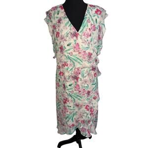 A.n.d. Sz XXL Floral Wrap Dress Lined Hi-Low Hem Pink White Green Dress | EUC